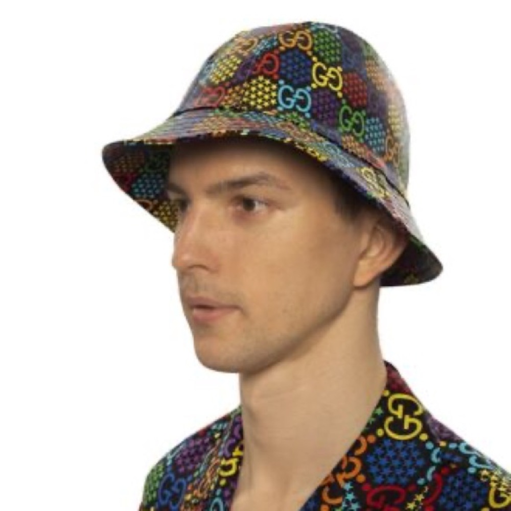 NWT UNISEX Gucci PSYCHEDELIC Black Coated Canvas Fedora GG Star Print Hat - Picture 2 of 10